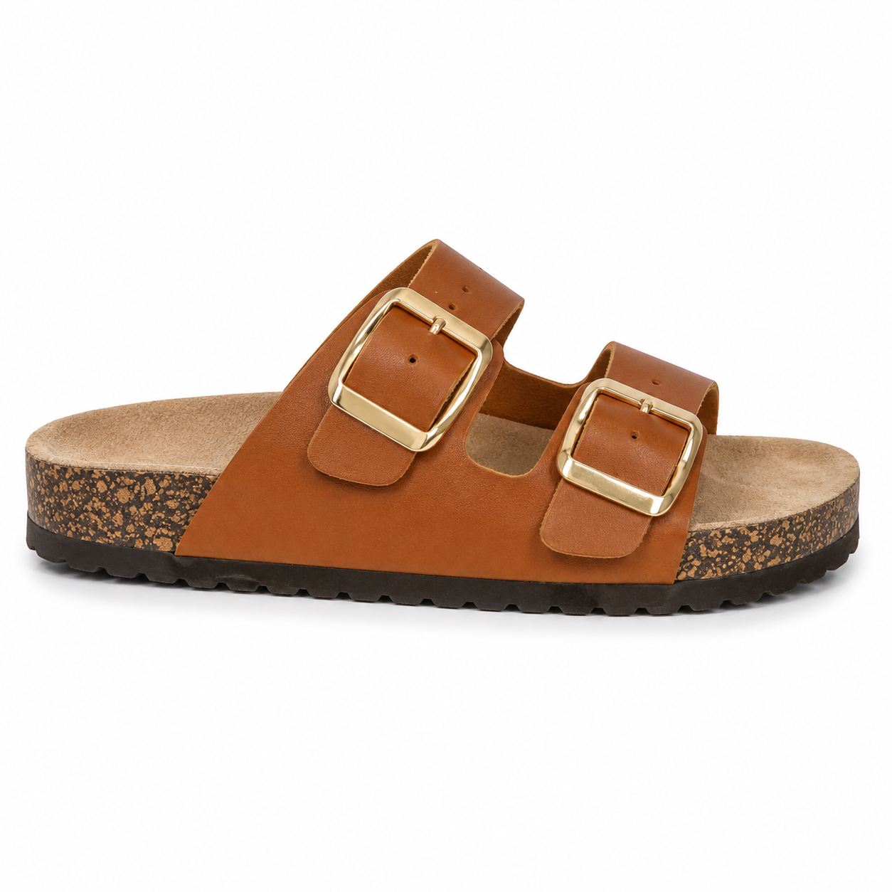 Sandalia Dos Tiras Hebilla Dorada Corcho Camel | HT20-31