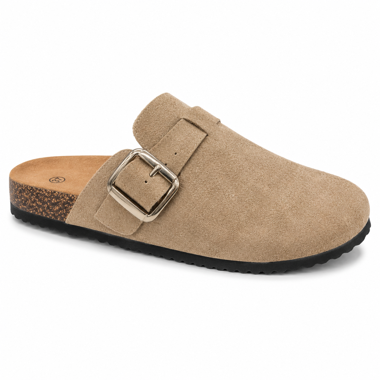 Mula Cerrada Boston Ante Khaki Hebilla Plateada | A-15