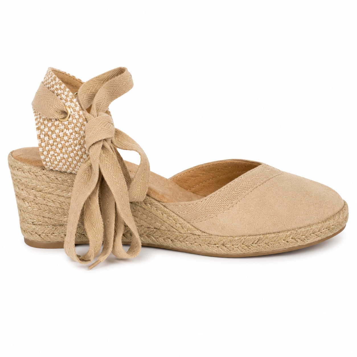 Alpargata Cuña Lazada Tobillo Ante Beige Rafia | LL-5369-2