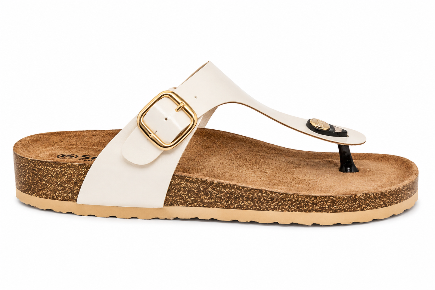 Sandalia Thong Piel Blanca Hebilla Dorada Corcho | FZL-0050