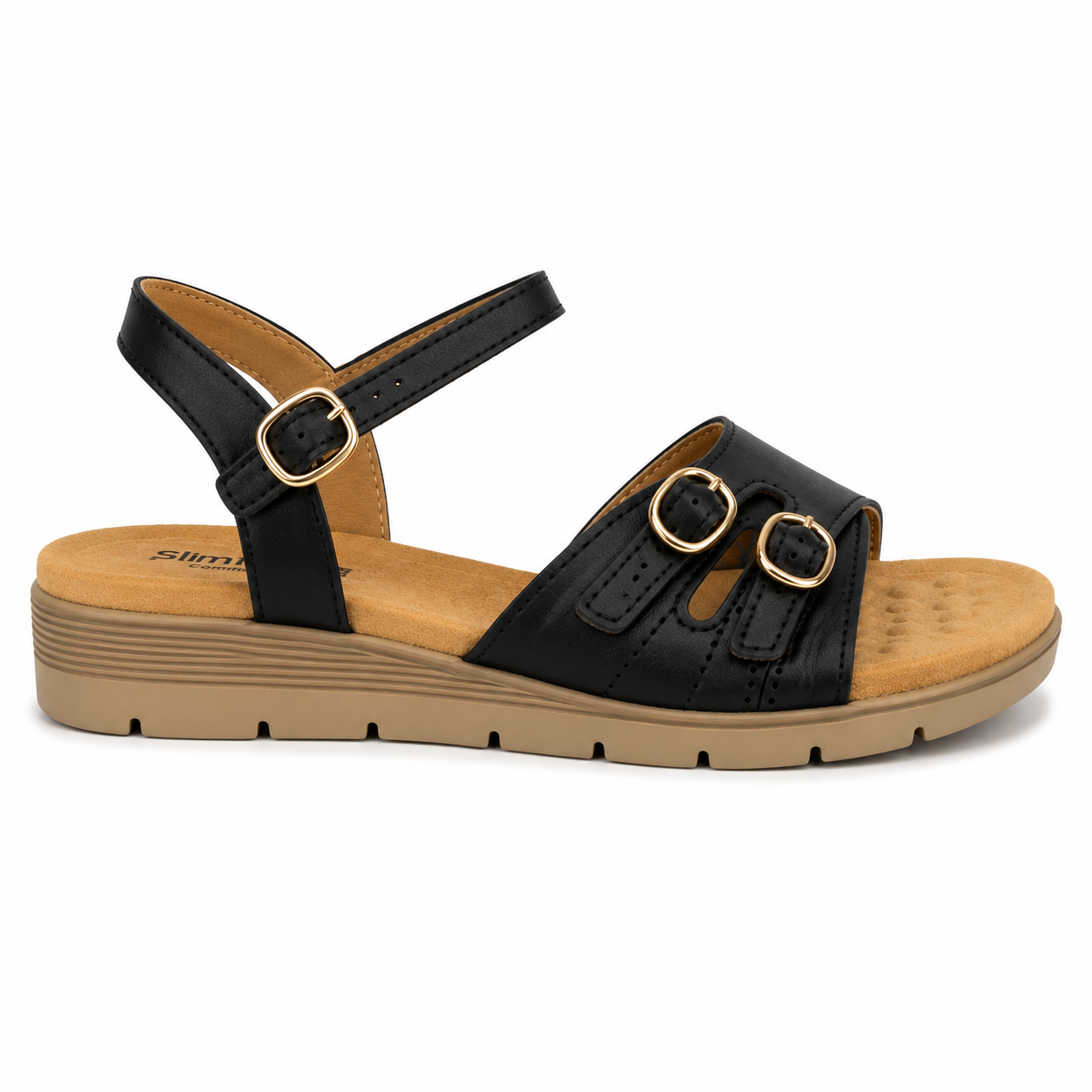 Sandalia Confort Negra con Hebillas Doradas NS-5350-1