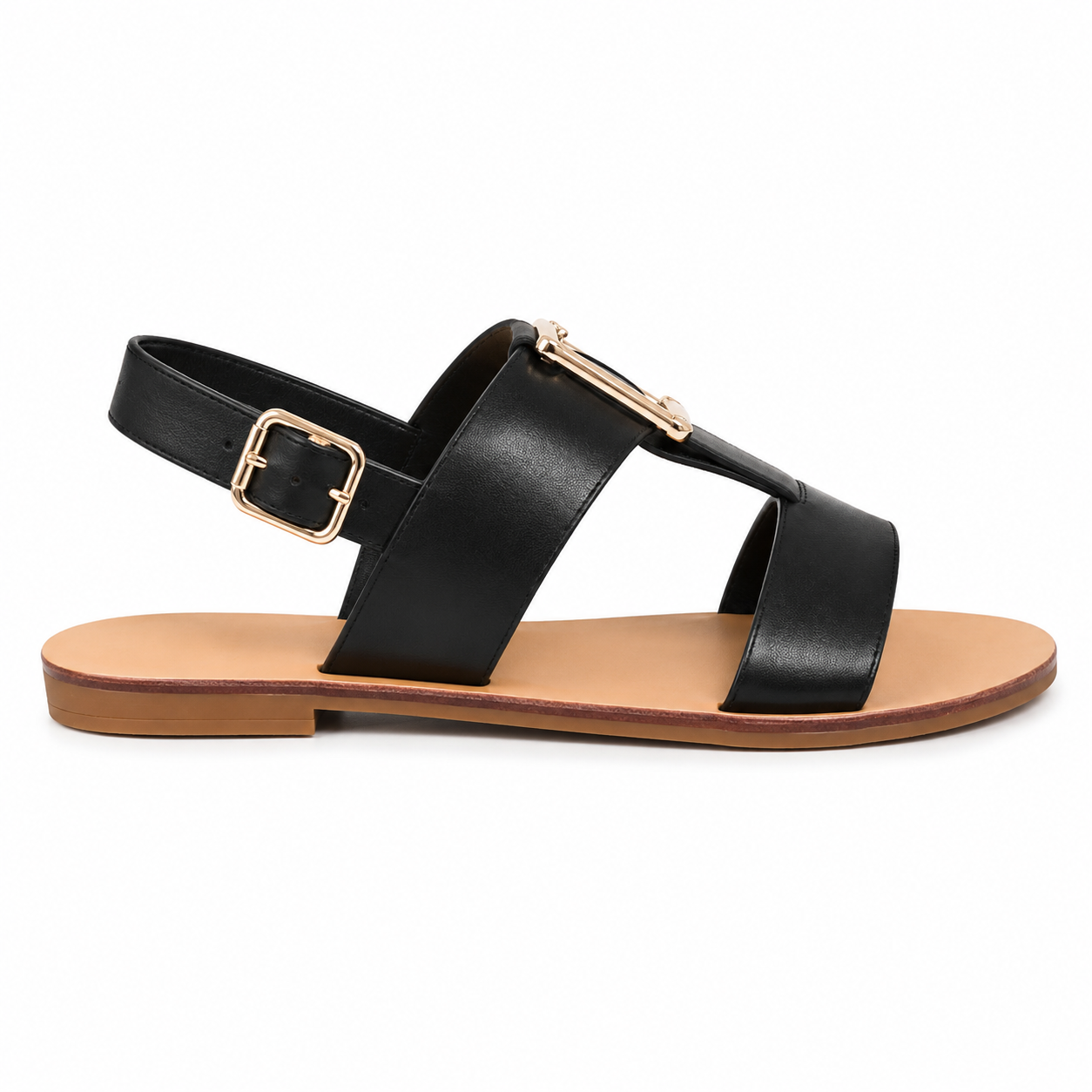 Sandalia Plana T-Bar Detalle Dorado Negra | WS-5298-1