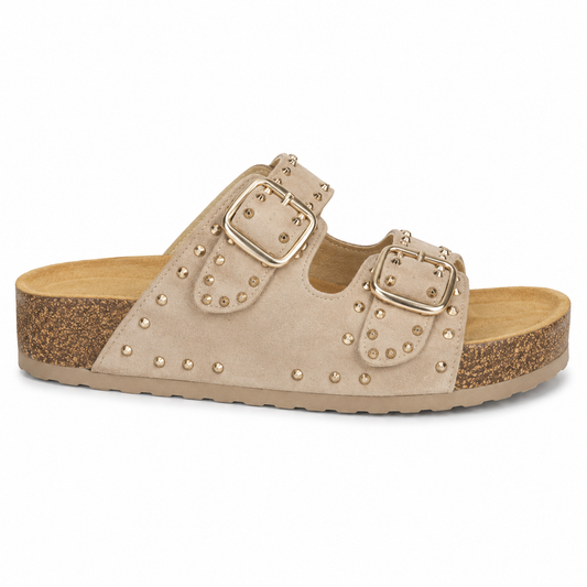 Sandalia Dos Tiras Ante Tachuelas Doradas Beige | YZ25-87