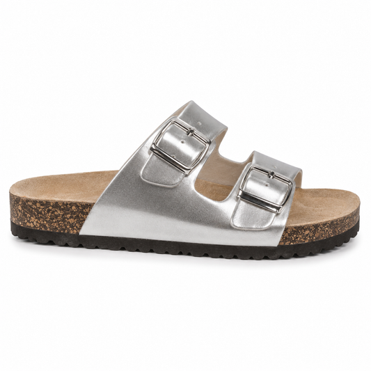 Sandalia Dos Tiras Hebilla Corcho Plateada | HT20-31