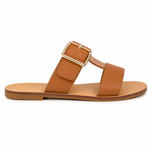 Sandalia Plana Mule Tira H Hebilla Dorada Camel | WS-5298-4