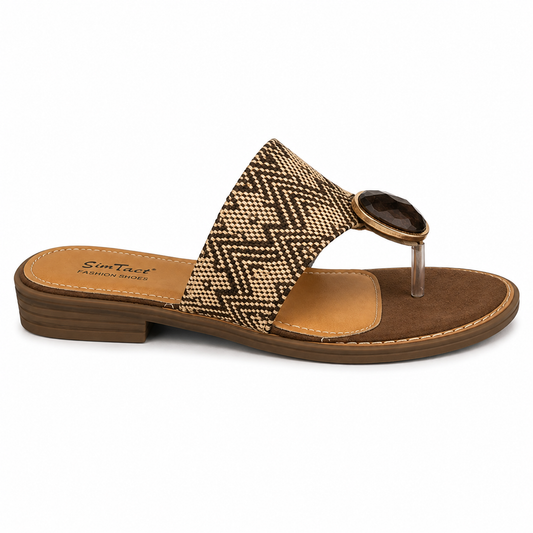 Sandalia Plana Thong Tejido Zigzag Marrón Piedra Joya | YZ25-85