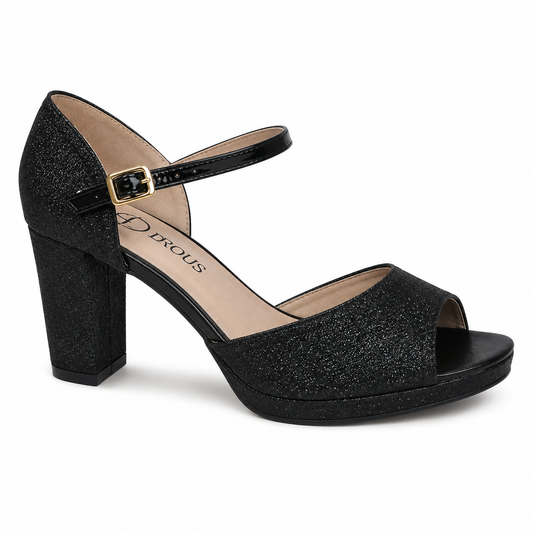 Sandalia Tacón Bloque Glitter Peep Toe Negra | WXL23-02