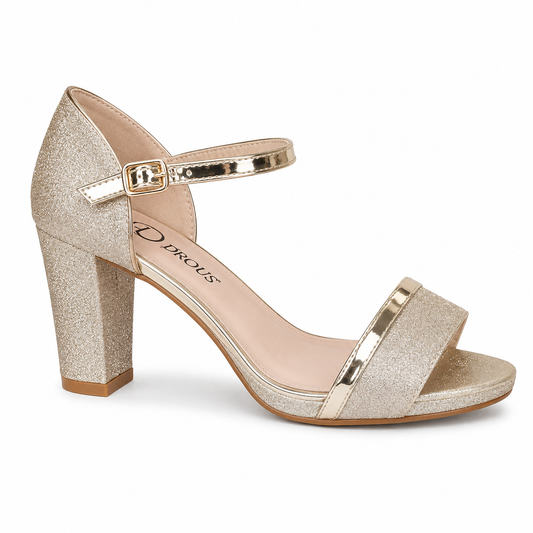 Sandalia Tacón Bloque Glitter Dorado Peep Toe | WXL22-03