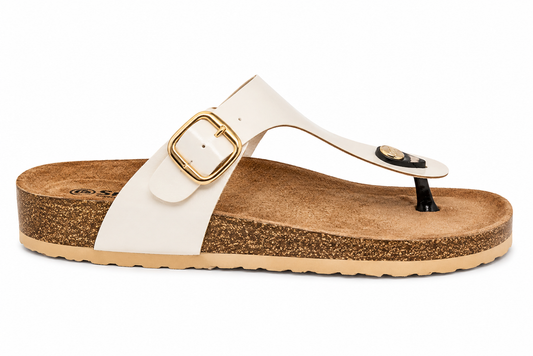 Sandalia Thong Piel Blanca Hebilla Dorada Corcho | FZL-0050