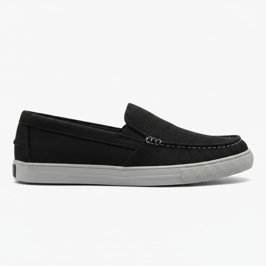 Slip-on lona negra texturizada con suela gris - vista lateral derecha