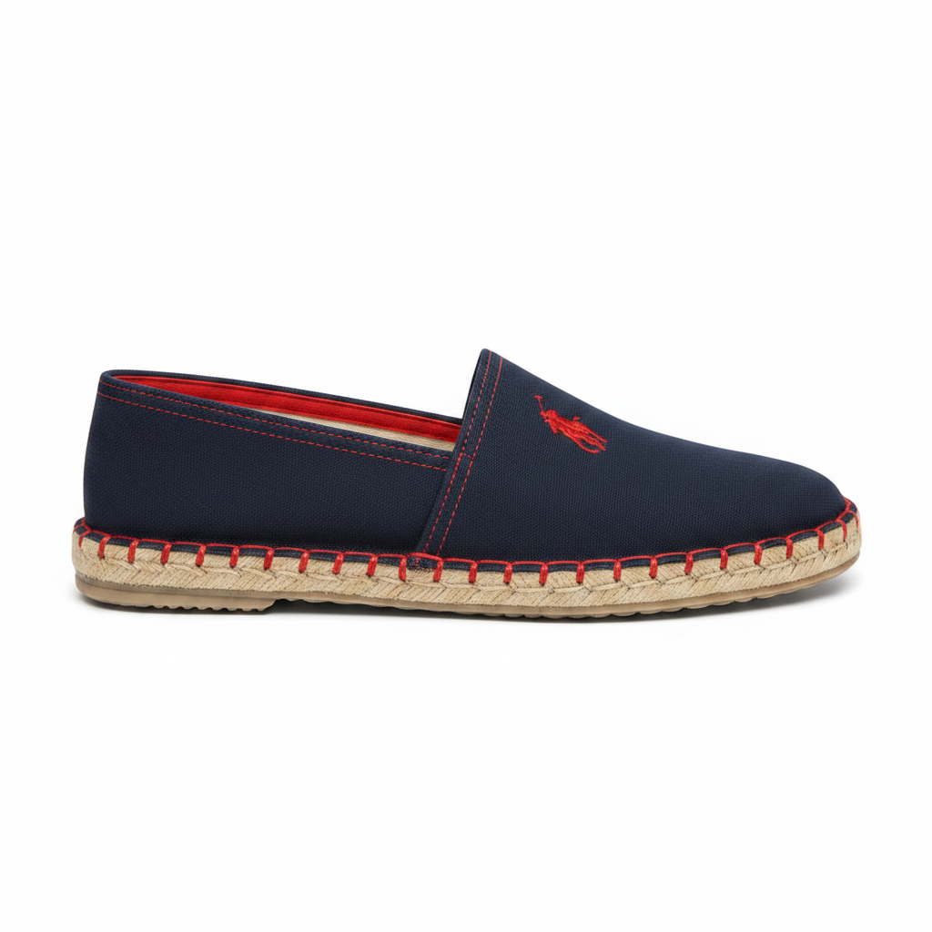 Alpargata espadrille navy con bordado polo rojo y suela de esparto - vista lateral derecha